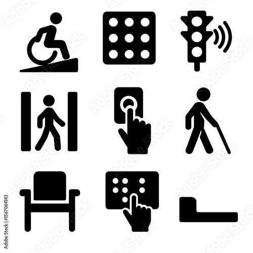 Accessibility Icons Grid. Solid, filled icon set of accessibility in pedestrian zones: wheelchair ramp, tactile paving, audio