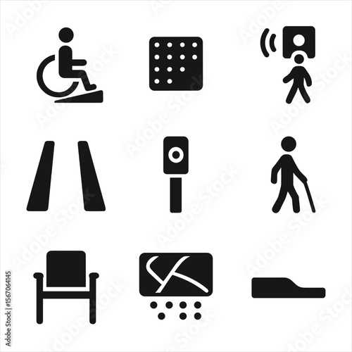 Accessibility Icons Grid. Solid, filled icon set of accessibility in pedestrian zones: wheelchair ramp, tactile paving, audio