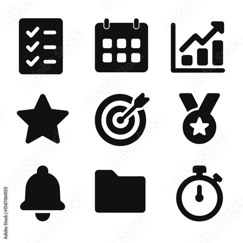Academic Coaching Icons. Solid, filled icon set of academic coaching tools: checklist, calendar, progress chart, motivational star