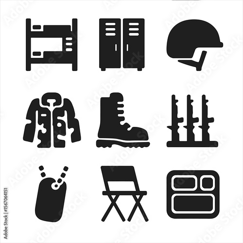 Army Essentials Icons. Solid, filled icon set of army barracks essentials: bunk bed, military locker, helmet, camouflage uniform,
