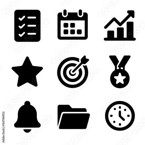 Academic Coaching Icons. Solid, filled icon set of academic coaching tools: checklist, calendar, progress chart, motivational star