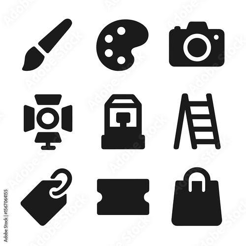 Art Gallery Icons. Solid, filled icon set of gallery tools and equipment: paintbrush, palette, camera, lighting rig, display case,