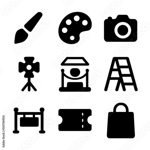 Art Gallery Icons. Solid, filled icon set of gallery tools and equipment: paintbrush, palette, camera, lighting rig, display case,