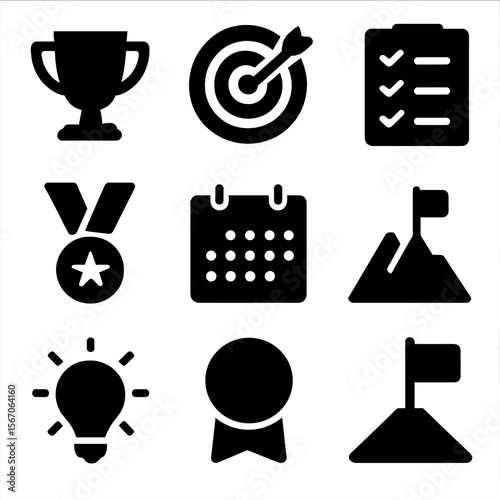 Achievement Icon Set. Solid, filled icon set of personal achievements and goal setting: trophy, target, checklist, medal, calendar