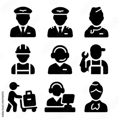 Aviation Roles Icons. Solid, filled icon set of pilot and crew roles: pilot, co-pilot, flight attendant, ground crew, air traffic