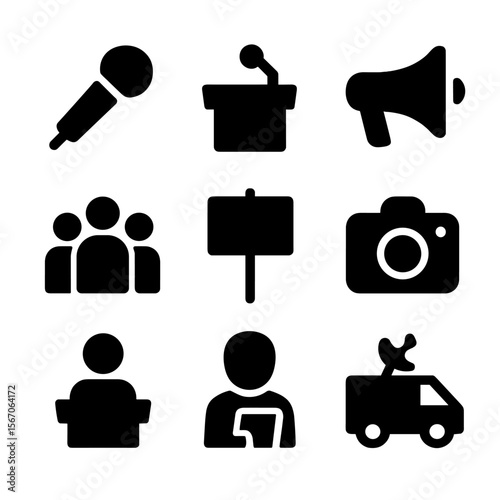 Activist Icon Set. Solid, filled icon set of activist press conference: microphone, podium, crowd, megaphone, protest sign, camera
