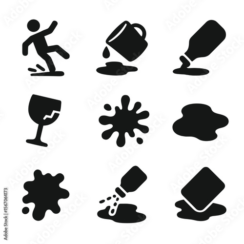 Accidental Spill Icons. Solid, filled icon set of accidental spills: slipping person, falling cup, dropped bottle, broken glass,