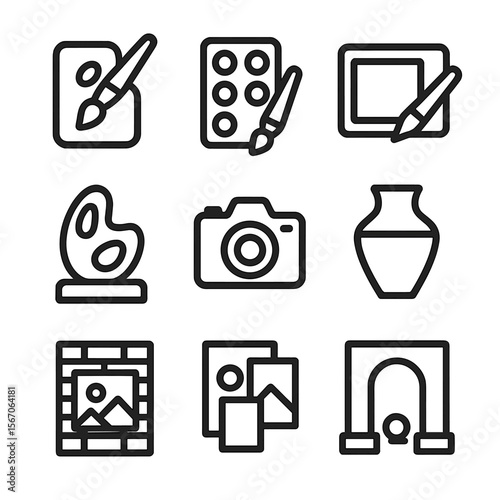 Art Medium Icons Grid. Solid, filled icon set of art styles and media: oil painting, watercolor, digital art, abstract sculpture,