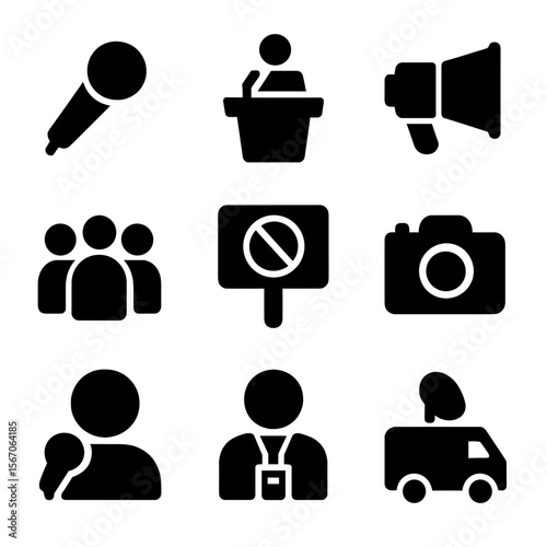 Activist Icon Set. Solid, filled icon set of activist press conference: microphone, podium, crowd, megaphone, protest sign, camera