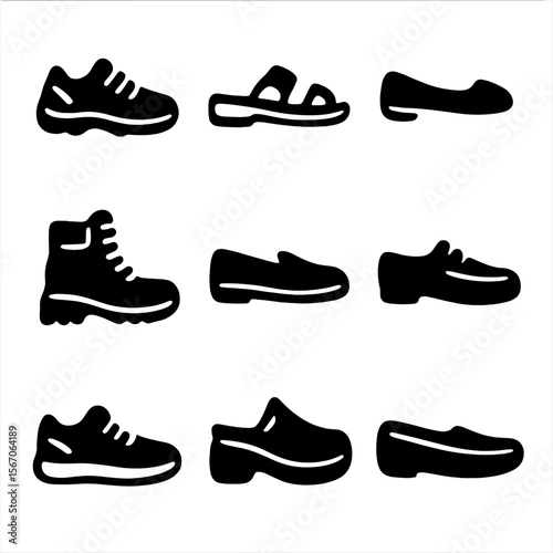 Adult Footwear Icons. Solid, filled icon set of footwear for mature adults: walking shoes, sandals, ballet flats, hiking boots,