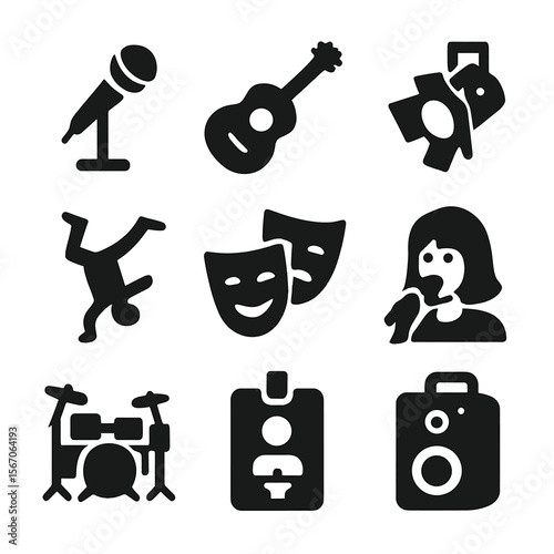 Art Performance Icons. Solid, filled icon set of art performance features: microphone stand, acoustic guitar, stage spotlight,