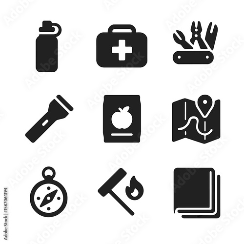 Adventure Essentials Icons. Solid, filled icon set of adventure essentials: water bottle, first aid kit, multi-tool, flashlight,