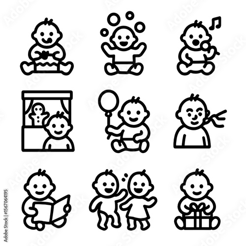 Baby Party Activities Icons. Solid, filled icon set of baby party activities: cake smash, bubble play, sing-along, puppet show,