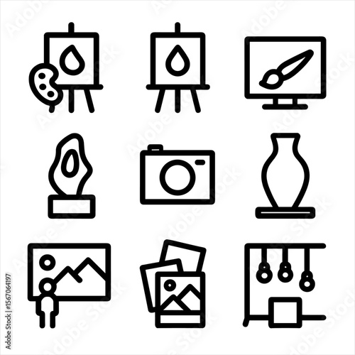Art Medium Icons Grid. Solid, filled icon set of art styles and media: oil painting, watercolor, digital art, abstract sculpture,