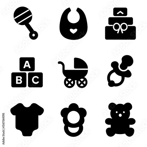Baby Shower Icons. Solid, filled icon set of baby themed party props: baby rattle, bib, diaper cake, blocks, baby carriage,