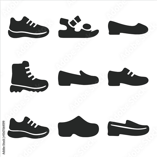 Adult Footwear Icons. Solid, filled icon set of footwear for mature adults: walking shoes, sandals, ballet flats, hiking boots,