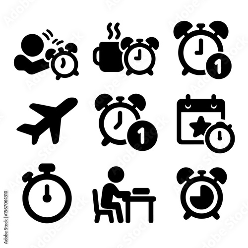 Alarm Clock Icons. Solid, filled icon set of alarm clock usage scenarios: waking up, work break, study session, travel alarm,
