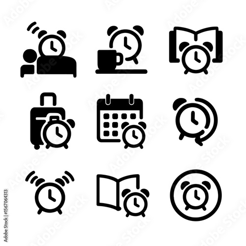 Alarm Clock Icons. Solid, filled icon set of alarm clock usage scenarios: waking up, work break, study session, travel alarm,