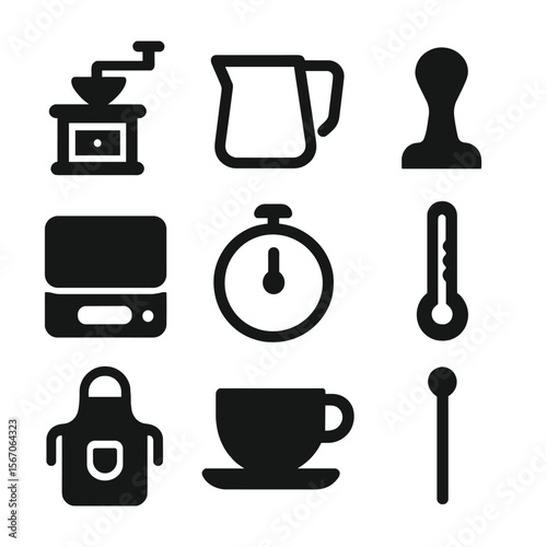 Barista Tool Icons. Solid, filled icon set of barista accessories: coffee grinder, milk jug, coffee tamper, scale, timer,