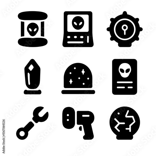 Alien Tech Icons. Solid, filled icon set of alien technology: teleportation device, control panel, unknown artifact, glowing