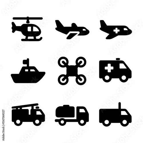 Airlift Vehicle Icons. Solid, filled icon set of airlift evacuation vehicles: helicopter, cargo plane, medical transport plane,