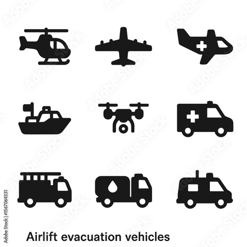 Airlift Vehicle Icons. Solid, filled icon set of airlift evacuation vehicles: helicopter, cargo plane, medical transport plane,