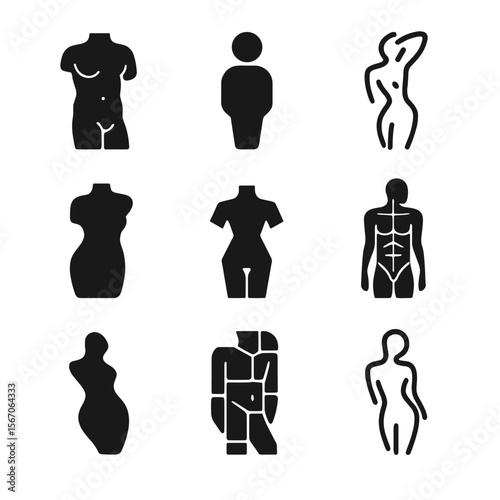 Artistic Figure Icons. Solid, filled icon set of artistic figure styles: classical sculpture, minimal figure, stylized sketch,