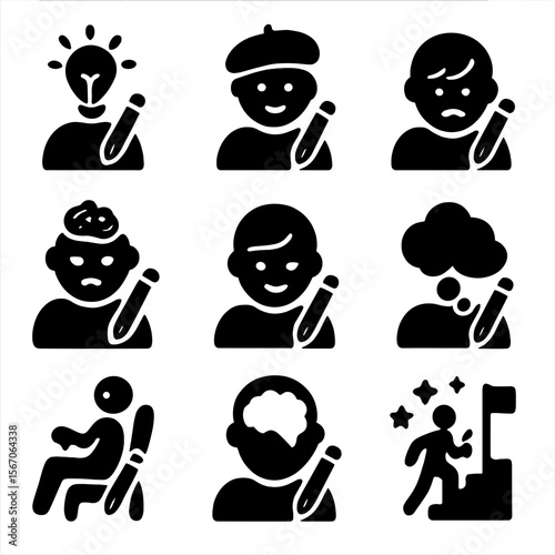 Artistic Emotion Icons. Solid, filled icon set of drawing-related emotions: inspiration, creativity, concentration, frustration,