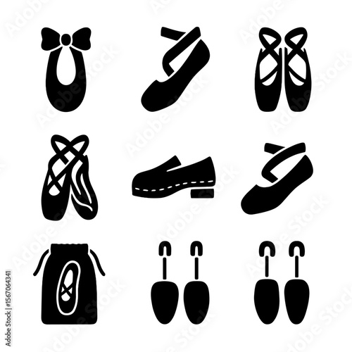 Ballet Slippers Icons. Solid, filled icon set of ballet slippers details: satin bow, toe box, ribbons, sole, heel, elastic strap,