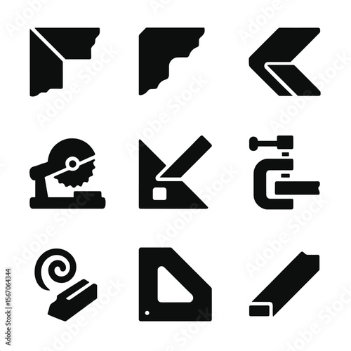 Baseboard Joint Icons. Solid, filled icon set of cutting and joining baseboards: miter joint, coping joint, scarf joint, cut-off