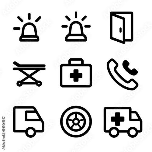 Ambulance Icon Set. Solid, filled icon set of ambulance vehicle features: siren, flashing lights, open rear door, stretcher rack,