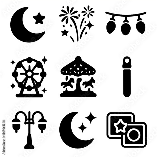 Amusement Park Icons. Solid, filled icon set of amusement park night vibes: moon, fireworks, night lights, lit-up ride, starlit