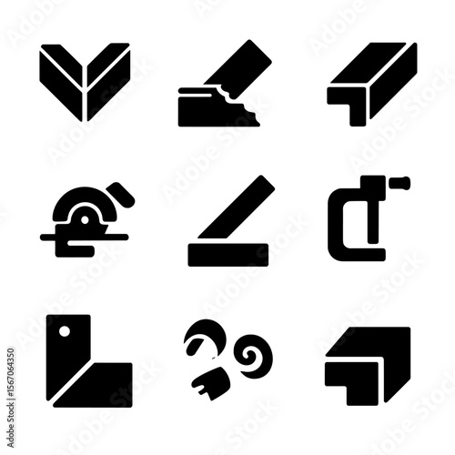 Baseboard Joint Icons. Solid, filled icon set of cutting and joining baseboards: miter joint, coping joint, scarf joint, cut-off