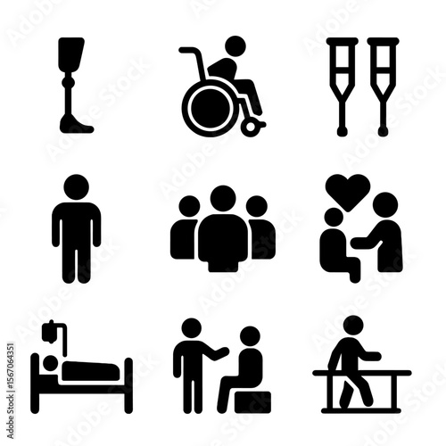 Amputation Recovery Icons. Solid, filled icon set of amputation recovery: prosthetic leg, wheelchair, physical therapy, crutches,