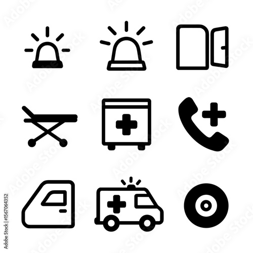 Ambulance Icon Set. Solid, filled icon set of ambulance vehicle features: siren, flashing lights, open rear door, stretcher rack,