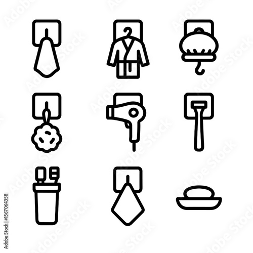 Bathroom Hook Icons. Solid, filled icon set of bathroom wall hooks: towel hook, bathrobe hook, shower cap hook, loofah hook, hair
