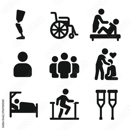 Amputation Recovery Icons. Solid, filled icon set of amputation recovery: prosthetic leg, wheelchair, physical therapy, crutches,