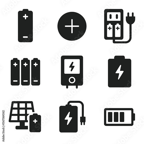 Battery Icon Set. Solid, filled icon set of battery and voltage storage: AA battery, lithium cell, battery charger, battery pack,