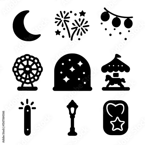Amusement Park Icons. Solid, filled icon set of amusement park night vibes: moon, fireworks, night lights, lit-up ride, starlit