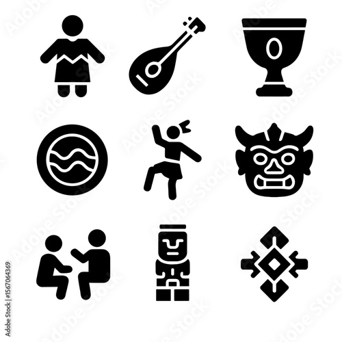 Ancient Cultural Icons. Solid, filled icon set of ancient cultural elements: traditional dress, musical instrument, ritual object,