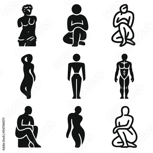 Artistic Figure Icons. Solid, filled icon set of artistic figure styles: classical sculpture, minimal figure, stylized sketch,