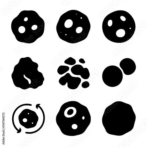 Asteroid Icon Grid. Solid, filled icon set of asteroid types: carbonaceous asteroid, silicate asteroid, metallic asteroid,