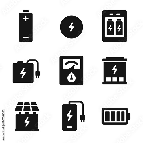 Battery Icon Set. Solid, filled icon set of battery and voltage storage: AA battery, lithium cell, battery charger, battery pack,