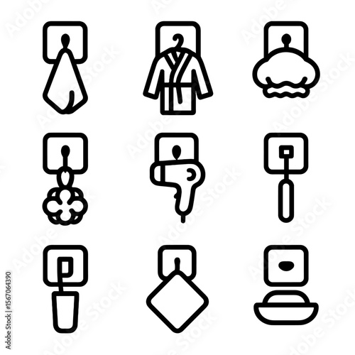Bathroom Hook Icons. Solid, filled icon set of bathroom wall hooks: towel hook, bathrobe hook, shower cap hook, loofah hook, hair