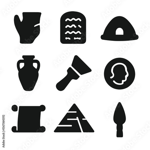 Ancient Civilization Icons. Solid, filled icon set of ancient civilizations study: pottery shard, stone tablet, burial mound,
