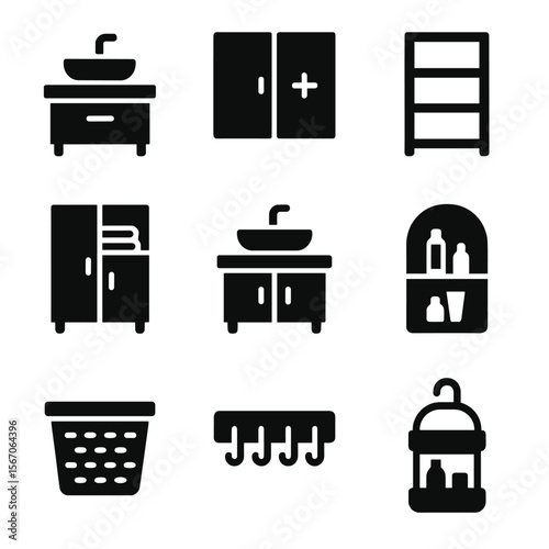 Bathroom Storage Icons. Solid, filled icon set of bathroom storage solutions: vanity drawer, medicine cabinet, shelving unit,