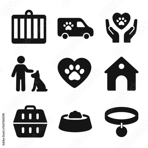Animal Rescue Icons. Solid, filled icon set of animal rescue and shelter: animal cage, rescue vehicle, volunteer hands, paw heart,