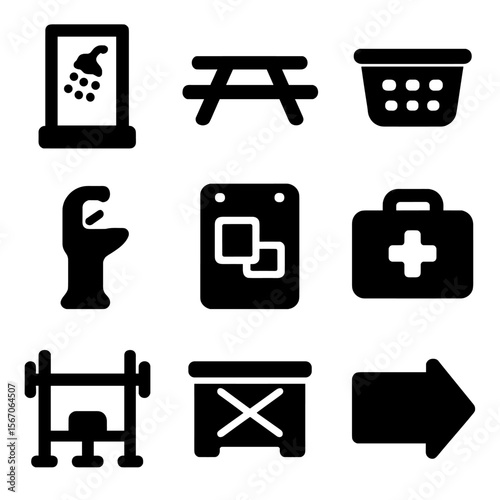 Army Barracks Icons. Solid, filled icon set of army barracks facilities: shower stall, communal table, laundry basket, water