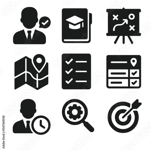 Academic Planning Icons. Solid, filled icons set of academic advising and career planning: career advisor,