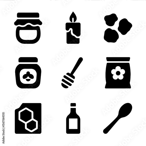 Bee Product Icons. Solid, filled icon set of bee-related products: honey jar, beeswax candle, propolis, royal jelly, honey dipper,